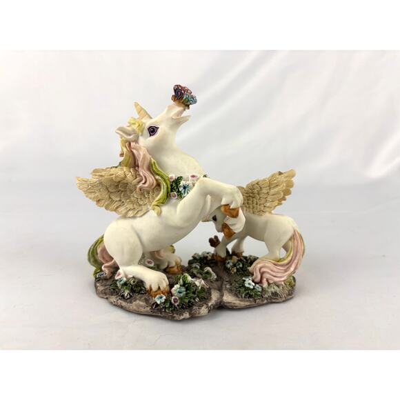 Vintage Hand Painted Unicorn Resin Figurine Whimsical Floral 1980s Mom and Baby - Picture 11 of 14